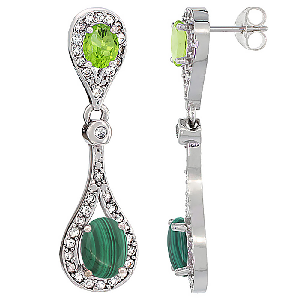 14K WHITE GOLD NATURAL MALACHITE & PERIDOT OVAL DANGLING EARRINGS WHITE SAPPHIRE & DIAMOND ACCENTS, 1 3/8 INCHES LONG