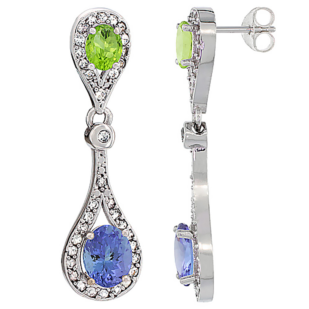 14K WHITE GOLD NATURAL TANZANITE & PERIDOT OVAL DANGLING EARRINGS WHITE SAPPHIRE & DIAMOND ACCENTS, 1 3/8 INCHES LONG