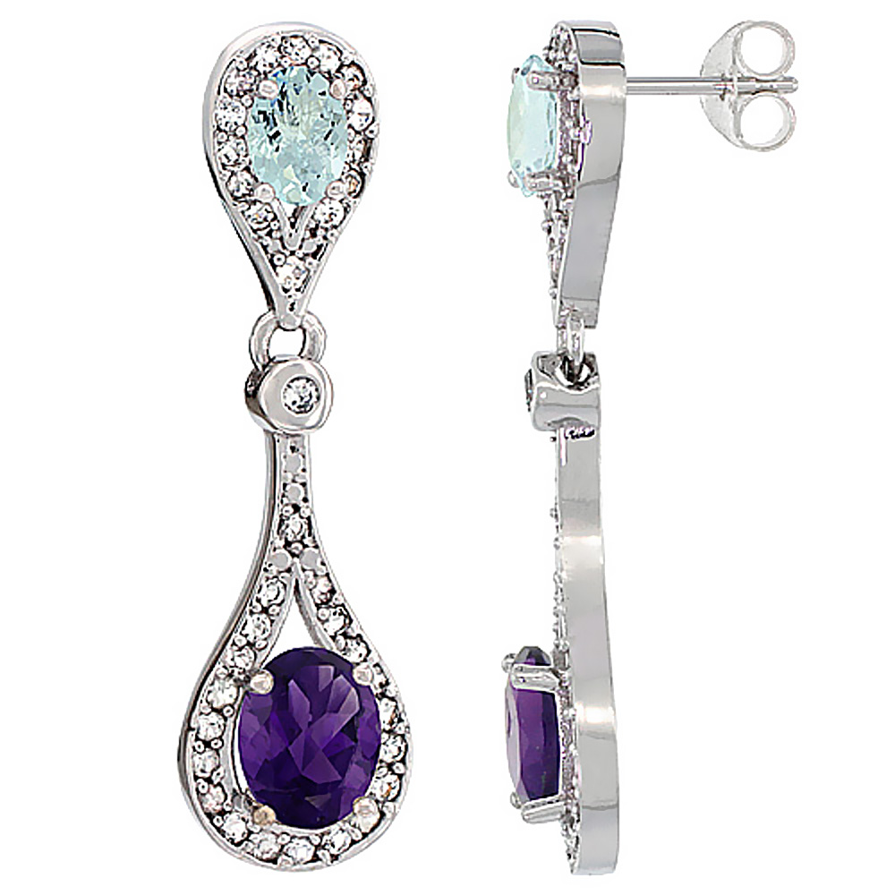 14K WHITE GOLD NATURAL AMETHYST & AQUAMARINE OVAL DANGLING EARRINGS WHITE SAPPHIRE & DIAMOND ACCENTS, 1 3/8 INCHES LONG