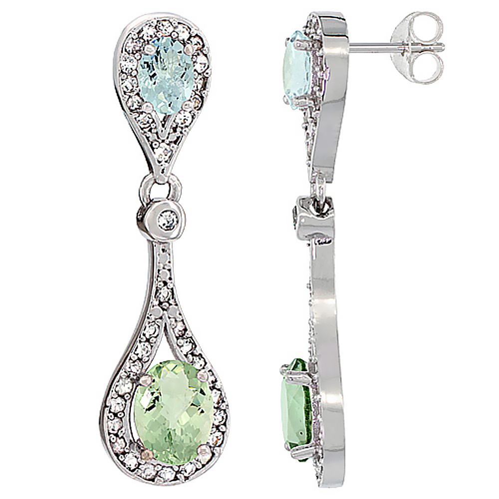 14K WHITE GOLD NATURAL GREEN AMETHYST & AQUAMARINE OVAL DANGLING EARRINGS WHITE SAPPHIRE & DIAMOND ACCENTS, 1 3/8 INCHES LONG
