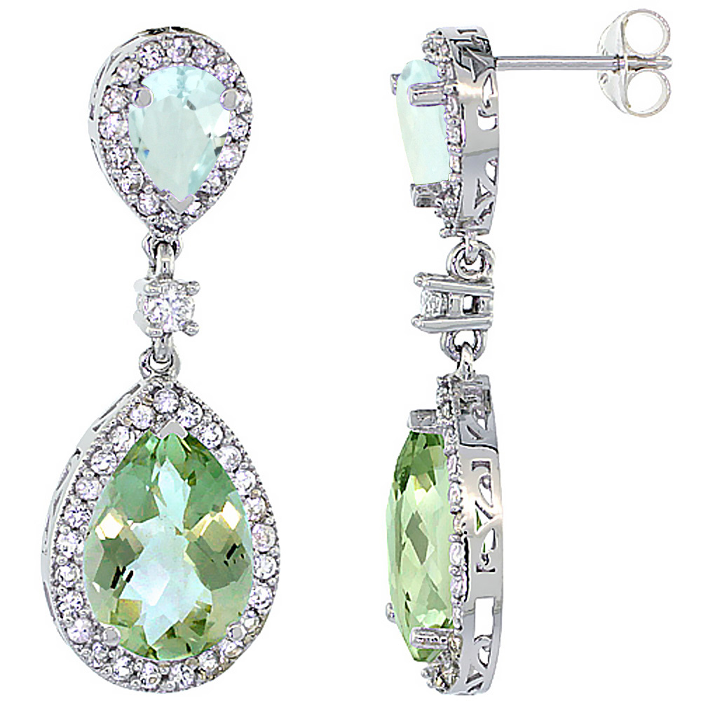 10K White Gold Natural Green Amethyst &amp; Aquamarine Teardrop Earrings White Sapphire &amp; Diamond