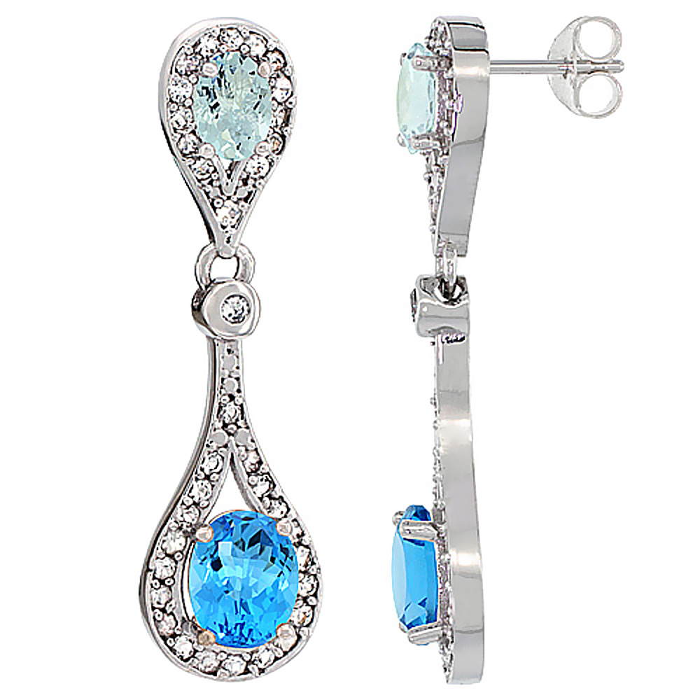 14K WHITE GOLD NATURAL SWISS BLUE TOPAZ & AQUAMARINE OVAL DANGLING EARRINGS WHITE SAPPHIRE & DIAMOND ACCENTS, 1 3/8 INCHES LONG