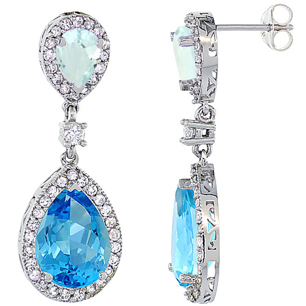 10K White Gold Natural Swiss Blue Topaz &amp; Aquamarine Teardrop Earrings White Sapphire &amp; Diamond