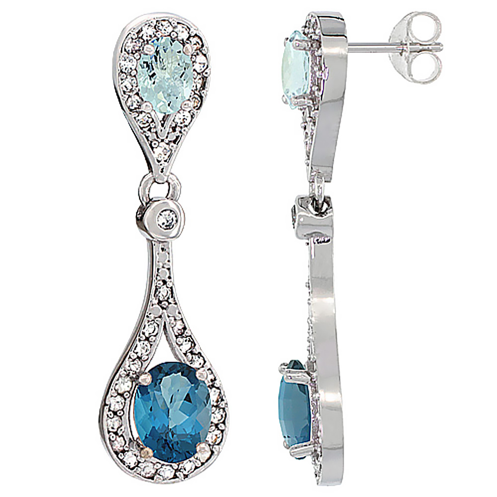 14K White Gold Natural London Blue Topaz &amp; Aquamarine Oval Dangling Earrings White Sapphire &amp; Diamond Accents, 1 3/8 inches long