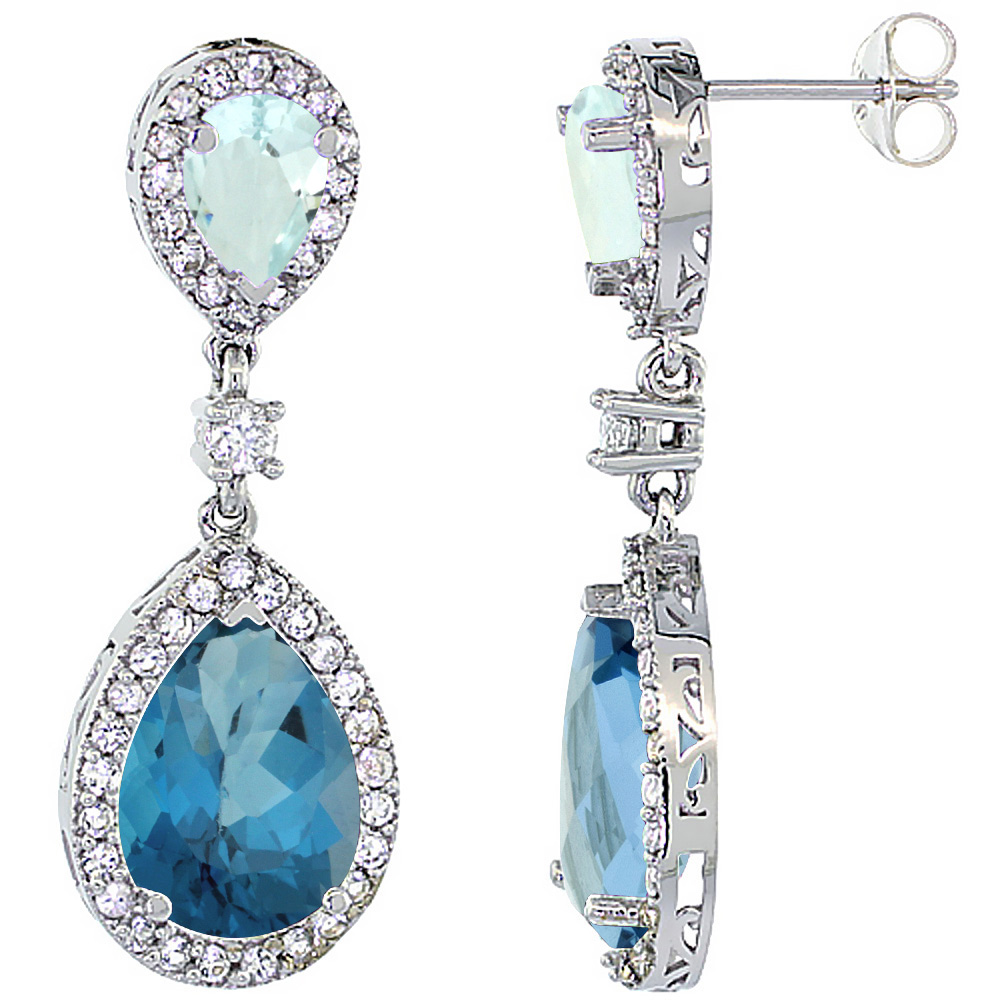 14K WHITE GOLD NATURAL LONDON BLUE TOPAZ & AQUAMARINE TEARDROP EARRINGS WHITE SAPPHIRE & DIAMOND