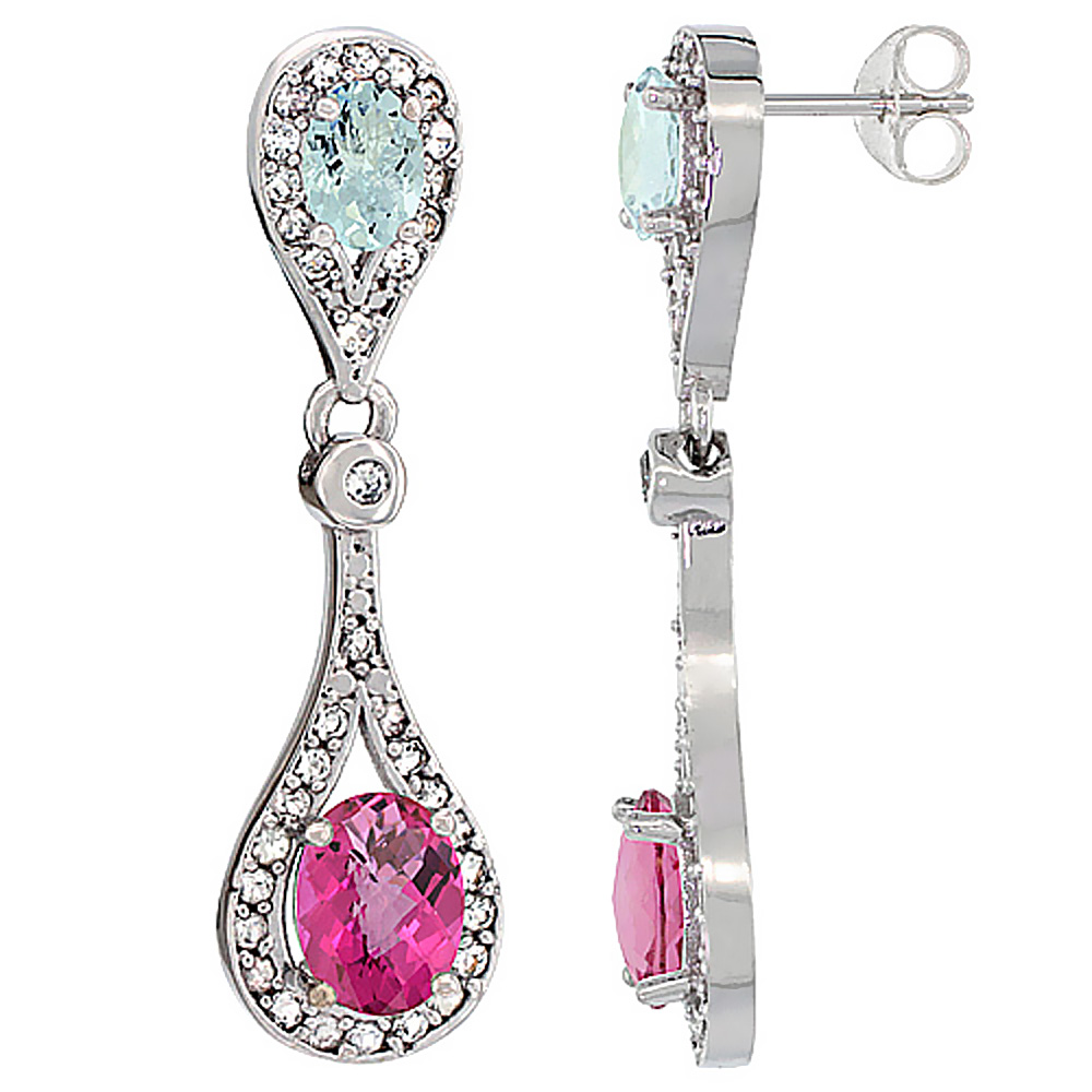 10K White Gold Natural Pink Topaz & Aquamarine Oval Dangling Earrings White Sapphire & Diamond Accents, 1 3/8 inches long
