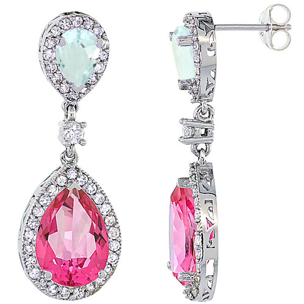 14K WHITE GOLD NATURAL PINK TOPAZ & AQUAMARINE TEARDROP EARRINGS WHITE SAPPHIRE & DIAMOND