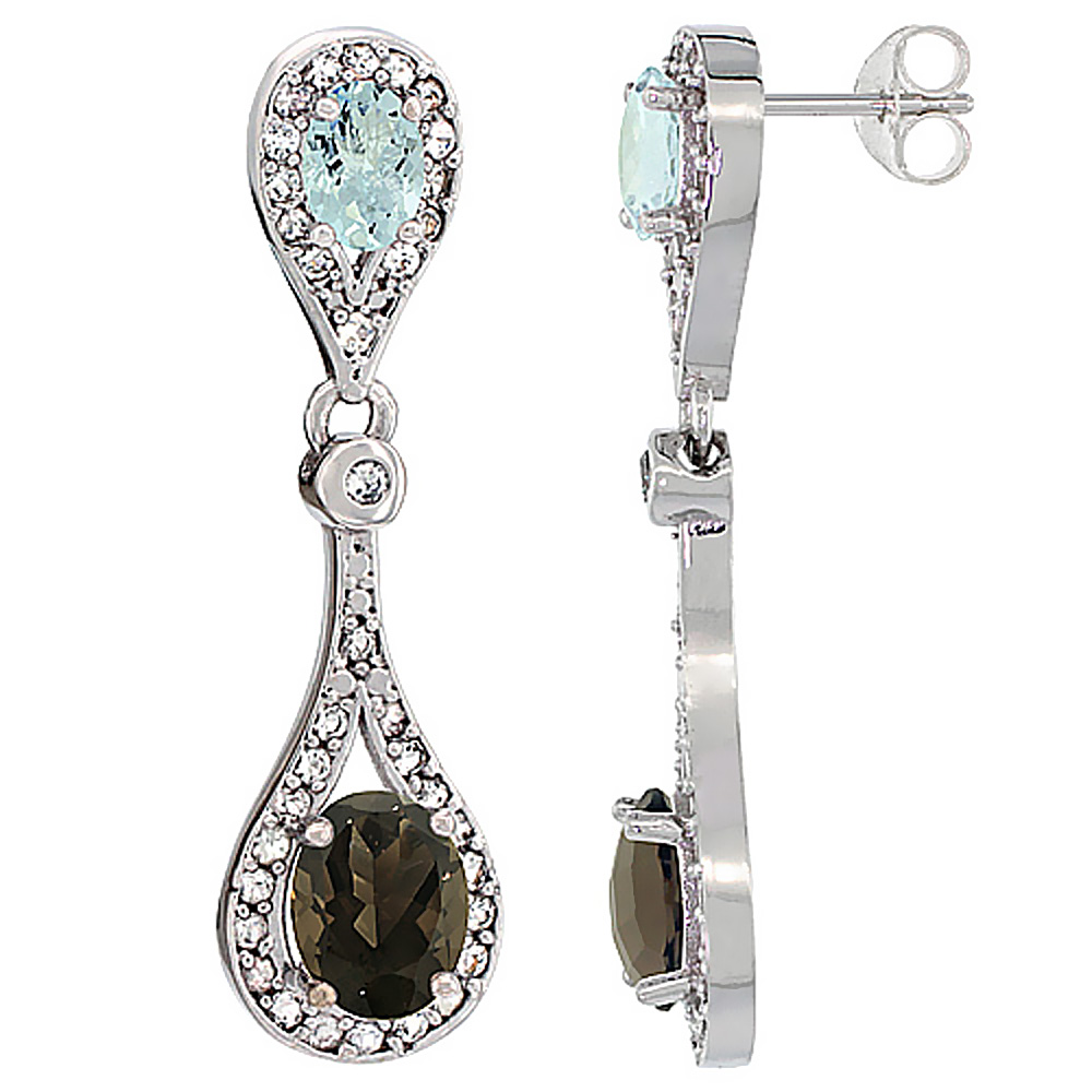 14K White Gold Natural Smoky Topaz &amp; Aquamarine Oval Dangling Earrings White Sapphire &amp; Diamond Accents, 1 3/8 inches long