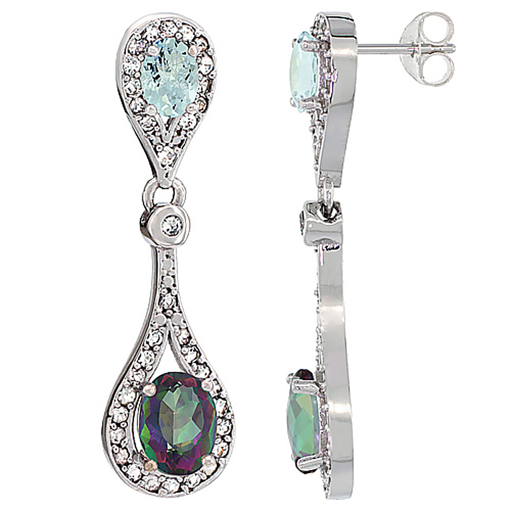 14K White Gold Natural Mystic Topaz & Aquamarine Oval Dangling Earrings White Sapphire & Diamond Accents, 1 3/8 inches long