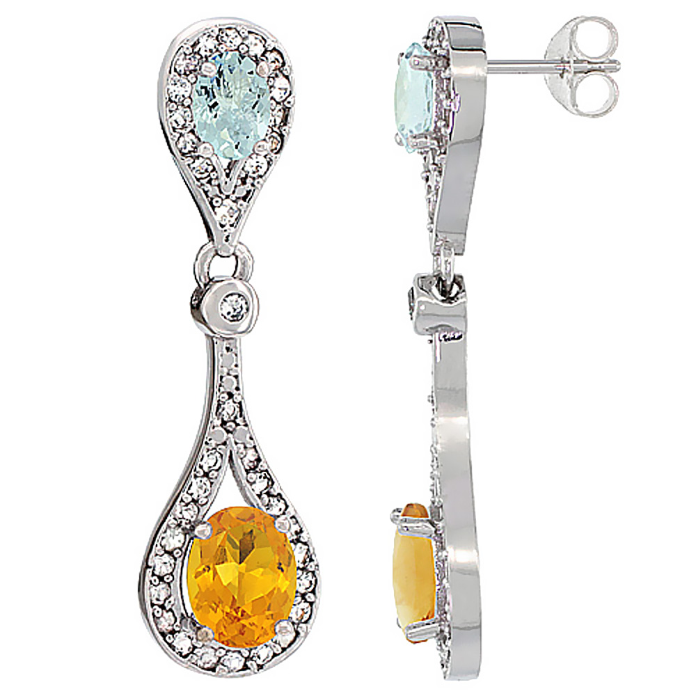 14K White Gold Natural Citrine &amp; Aquamarine Oval Dangling Earrings White Sapphire &amp; Diamond Accents, 1 3/8 inches long