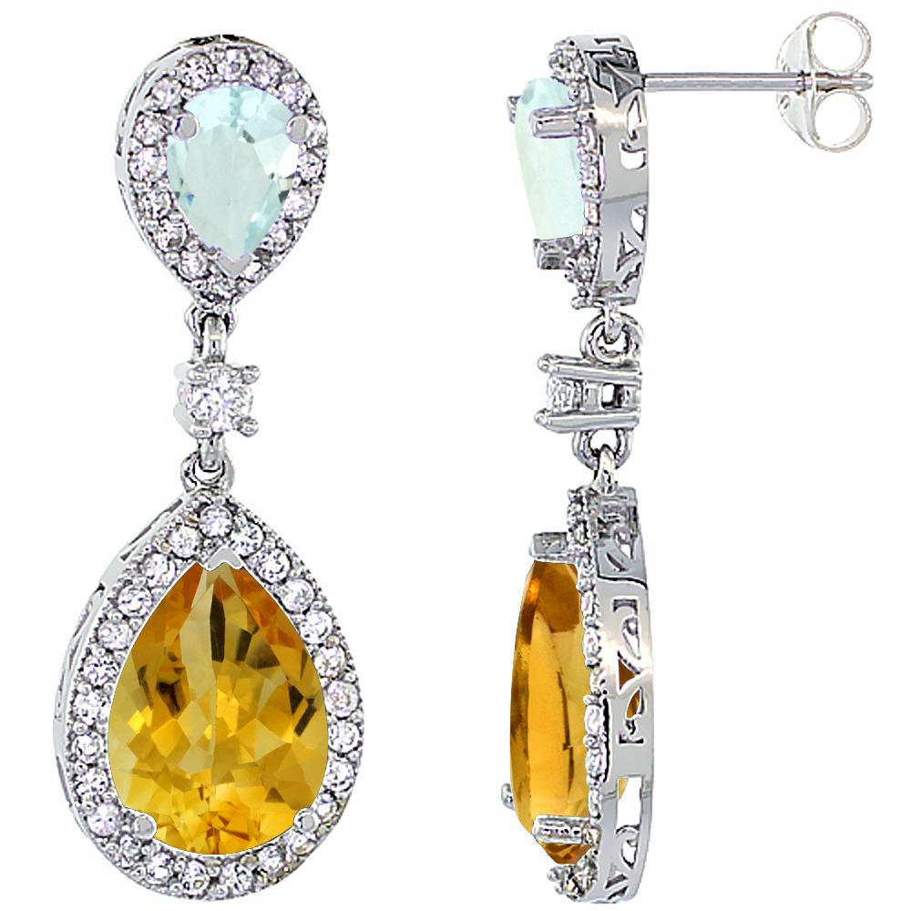 14K WHITE GOLD NATURAL CITRINE & AQUAMARINE TEARDROP EARRINGS WHITE SAPPHIRE & DIAMOND