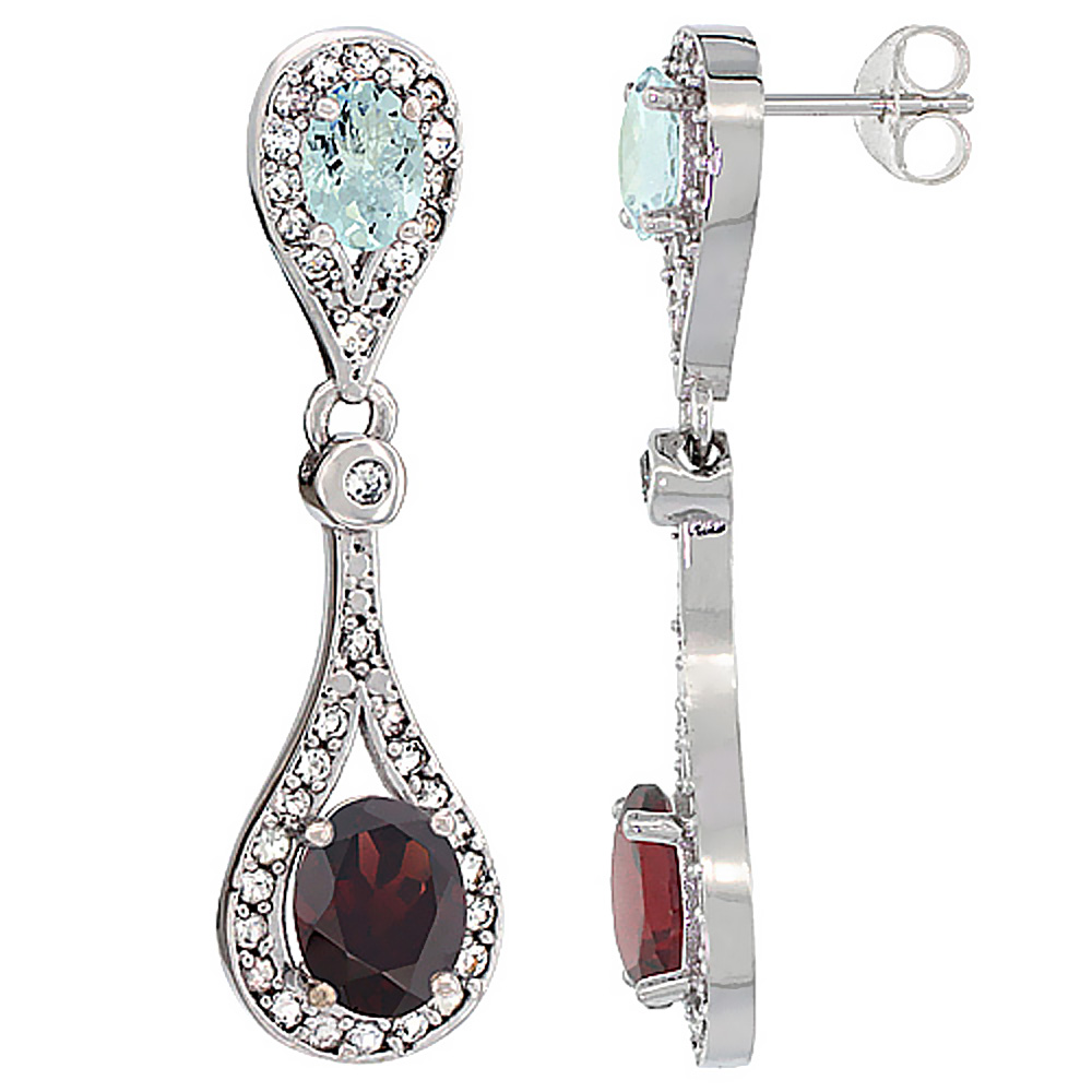 14K WHITE GOLD NATURAL GARNET & AQUAMARINE OVAL DANGLING EARRINGS WHITE SAPPHIRE & DIAMOND ACCENTS, 1 3/8 INCHES LONG