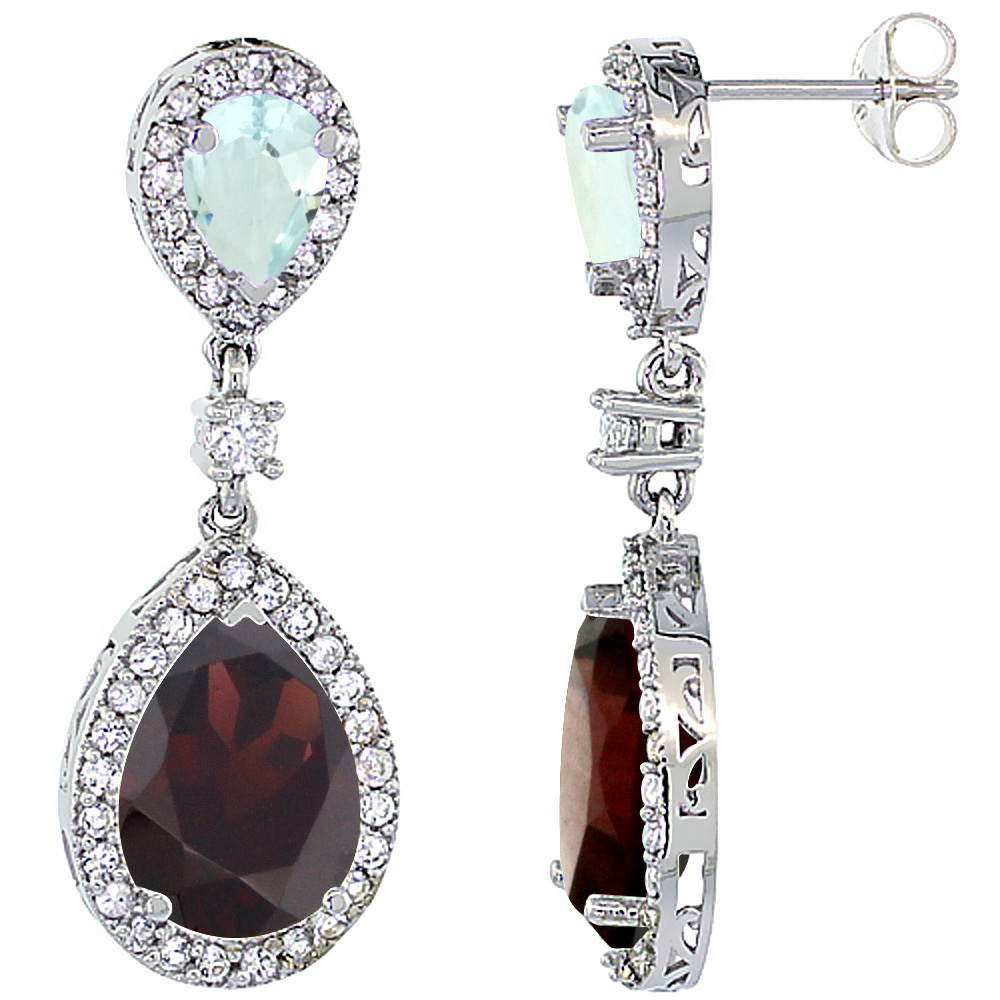 14K WHITE GOLD NATURAL GARNET & AQUAMARINE TEARDROP EARRINGS WHITE SAPPHIRE & DIAMOND