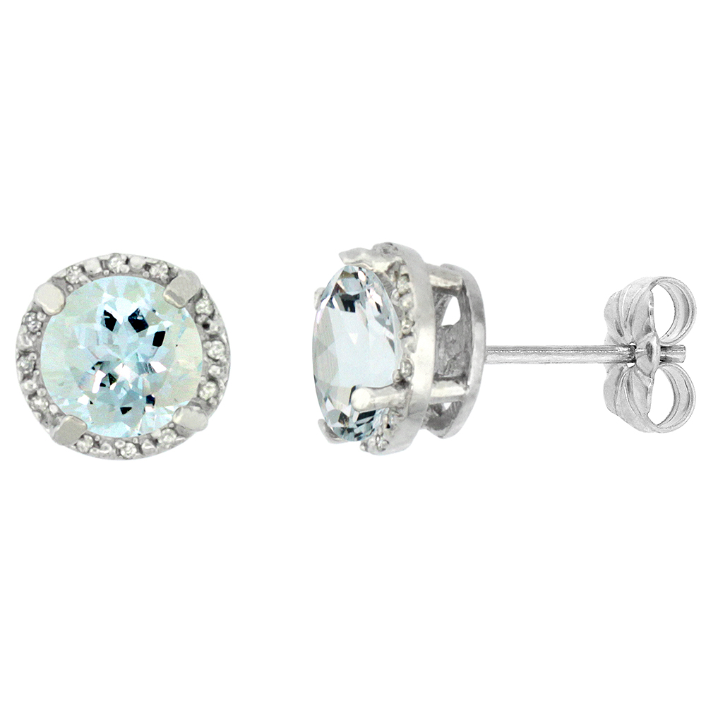 10K WHITE GOLD 0.06 CTTW DIAMOND NATURAL AQUAMARINE EARRINGS ROUND 7X7 MM