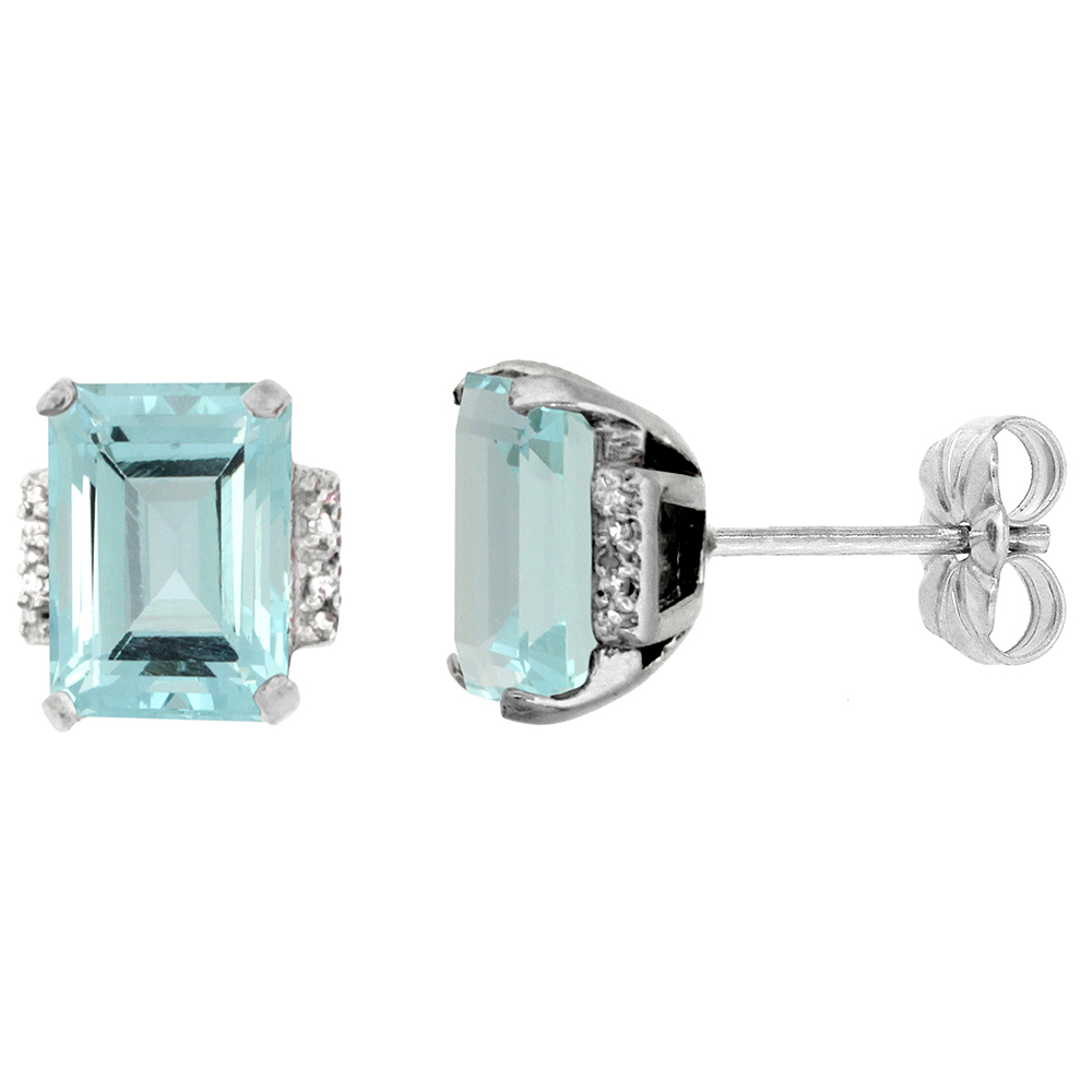 10K WHITE GOLD 0.02 CTTW DIAMOND NATURAL AQUAMARINE EARRINGS OCTAGON 8X6 MM