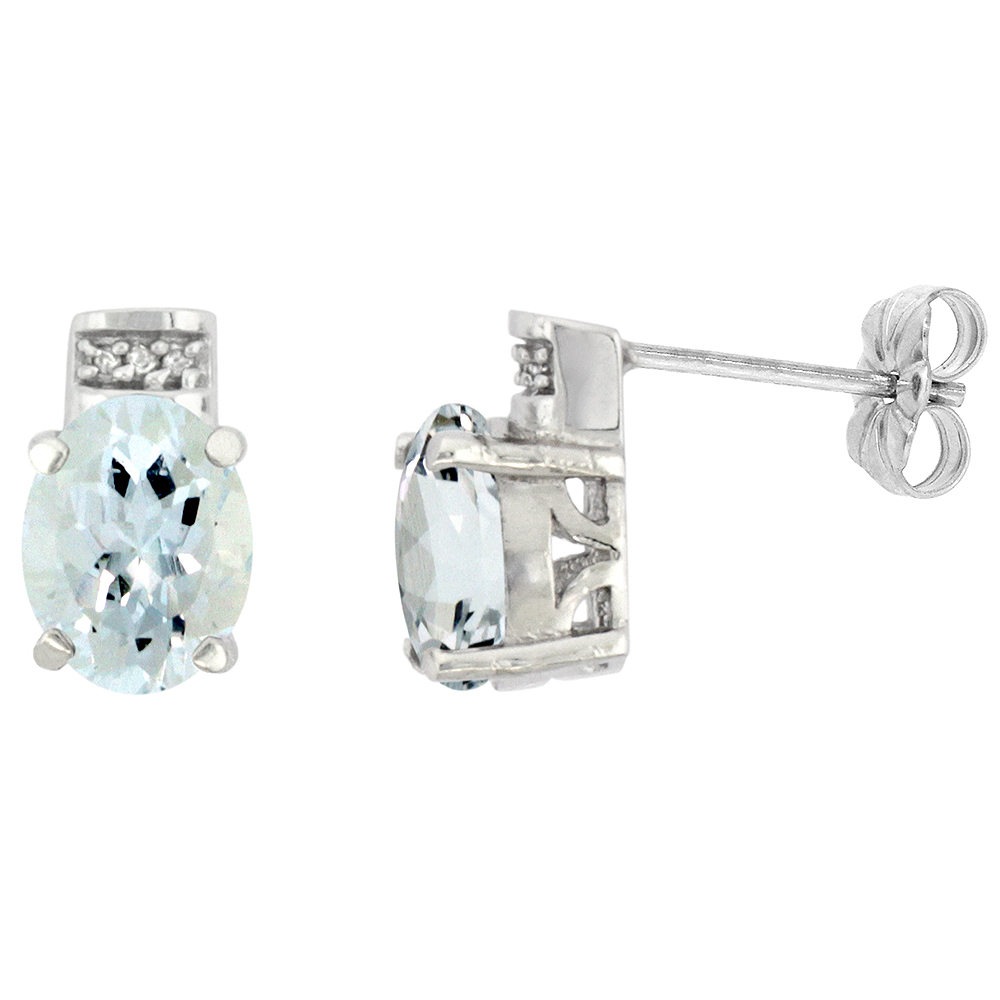 10K WHITE GOLD DIAMOND NATURAL AQUAMARINE EARRINGS OVAL 8X6 MM
