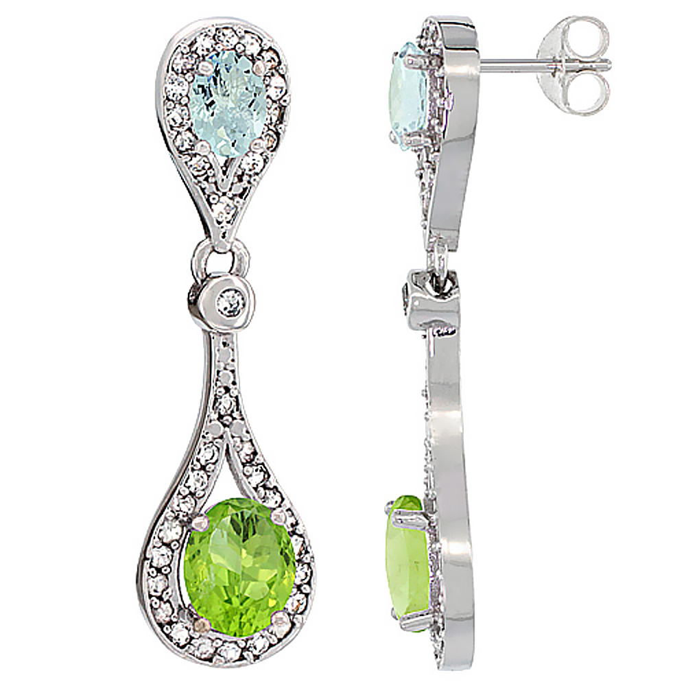 10K White Gold Natural Peridot &amp; Aquamarine Oval Dangling Earrings White Sapphire &amp; Diamond Accents, 1 3/8 inches long