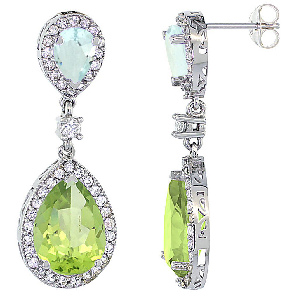 14K WHITE GOLD NATURAL PERIDOT & AQUAMARINE TEARDROP EARRINGS WHITE SAPPHIRE & DIAMOND