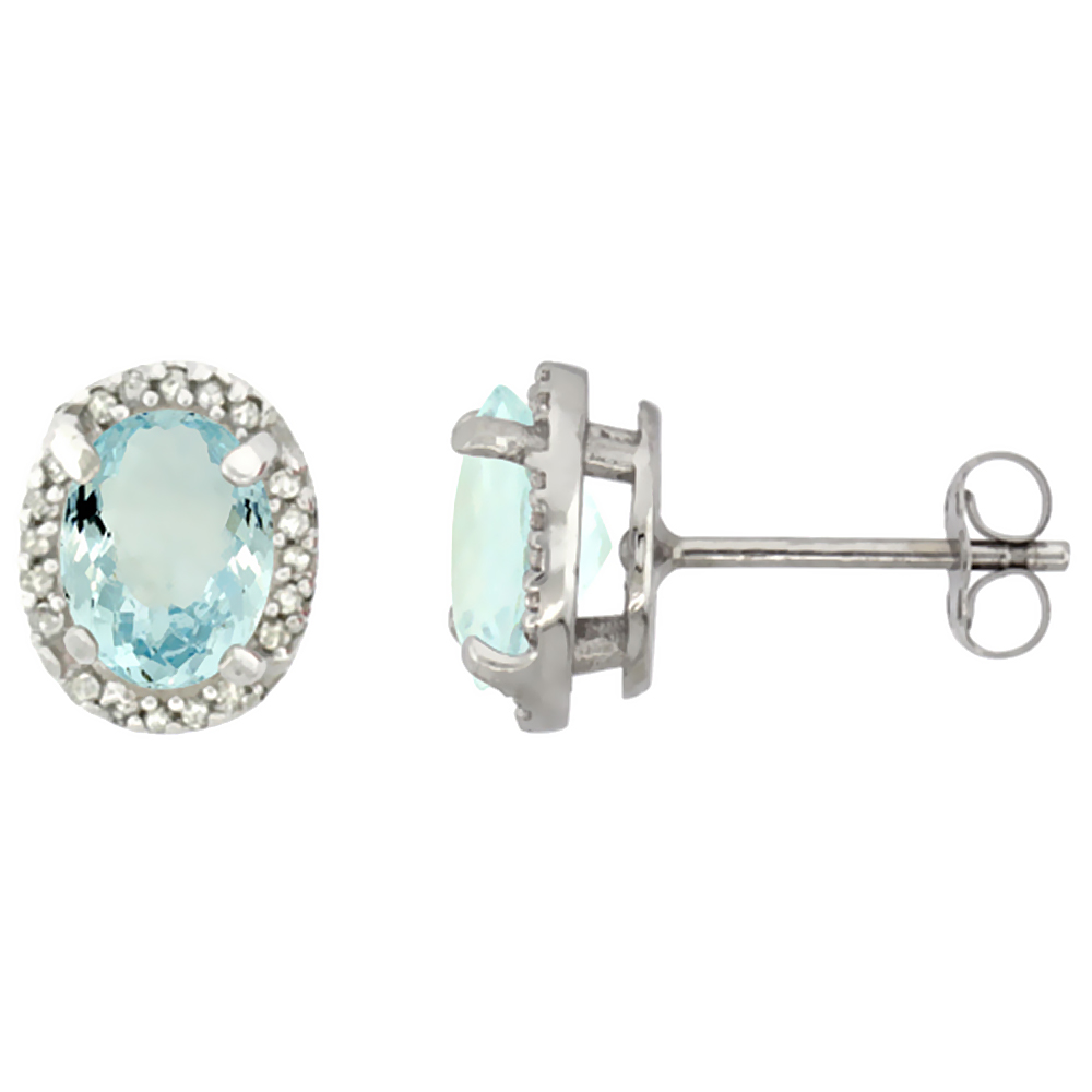 10K WHITE GOLD DIAMOND NATURAL AQUAMARINE EARRINGS OVAL 7X5 MM