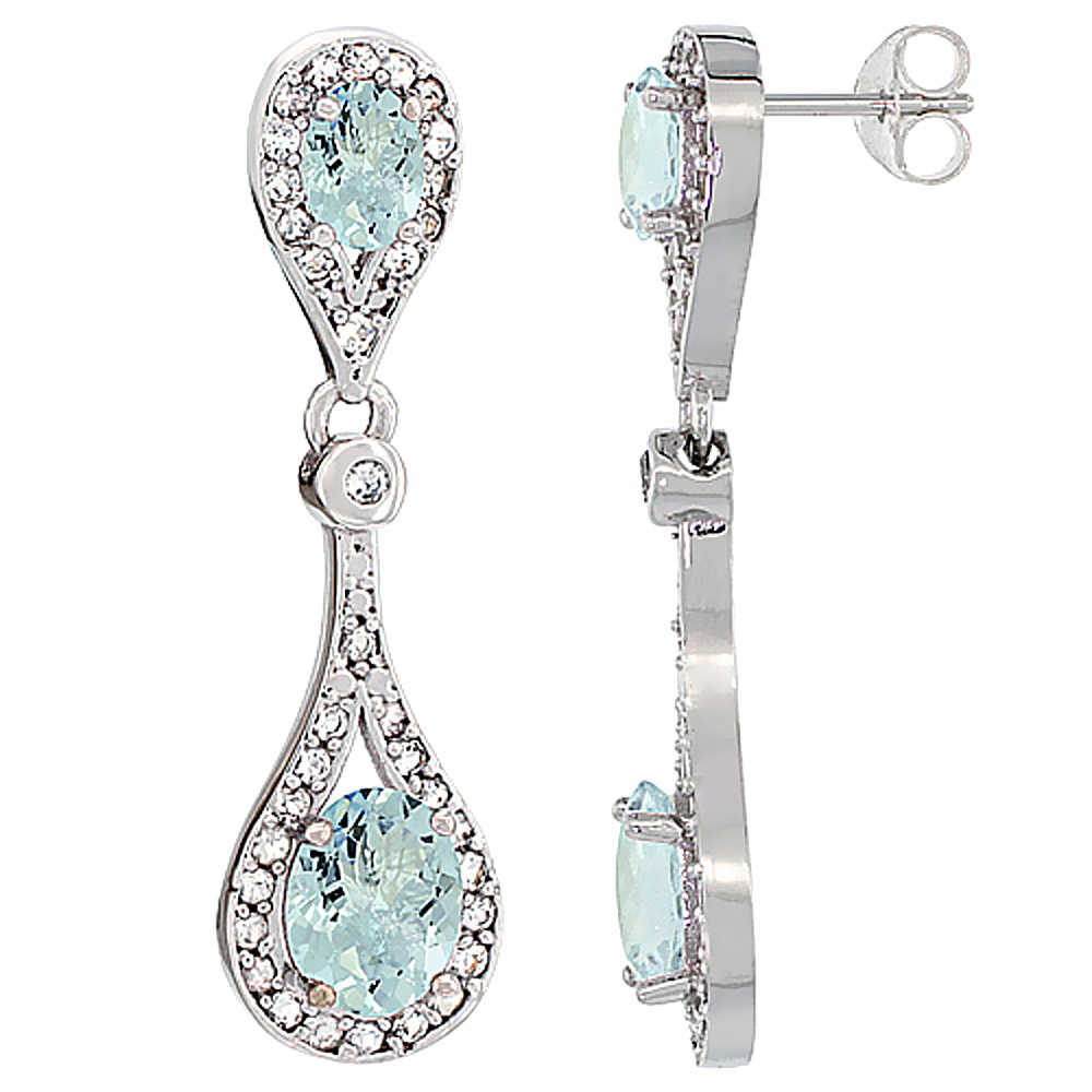 14K WHITE GOLD NATURAL AQUAMARINE OVAL DANGLING EARRINGS WHITE SAPPHIRE & DIAMOND ACCENTS, 1 3/8 INCHES LONG