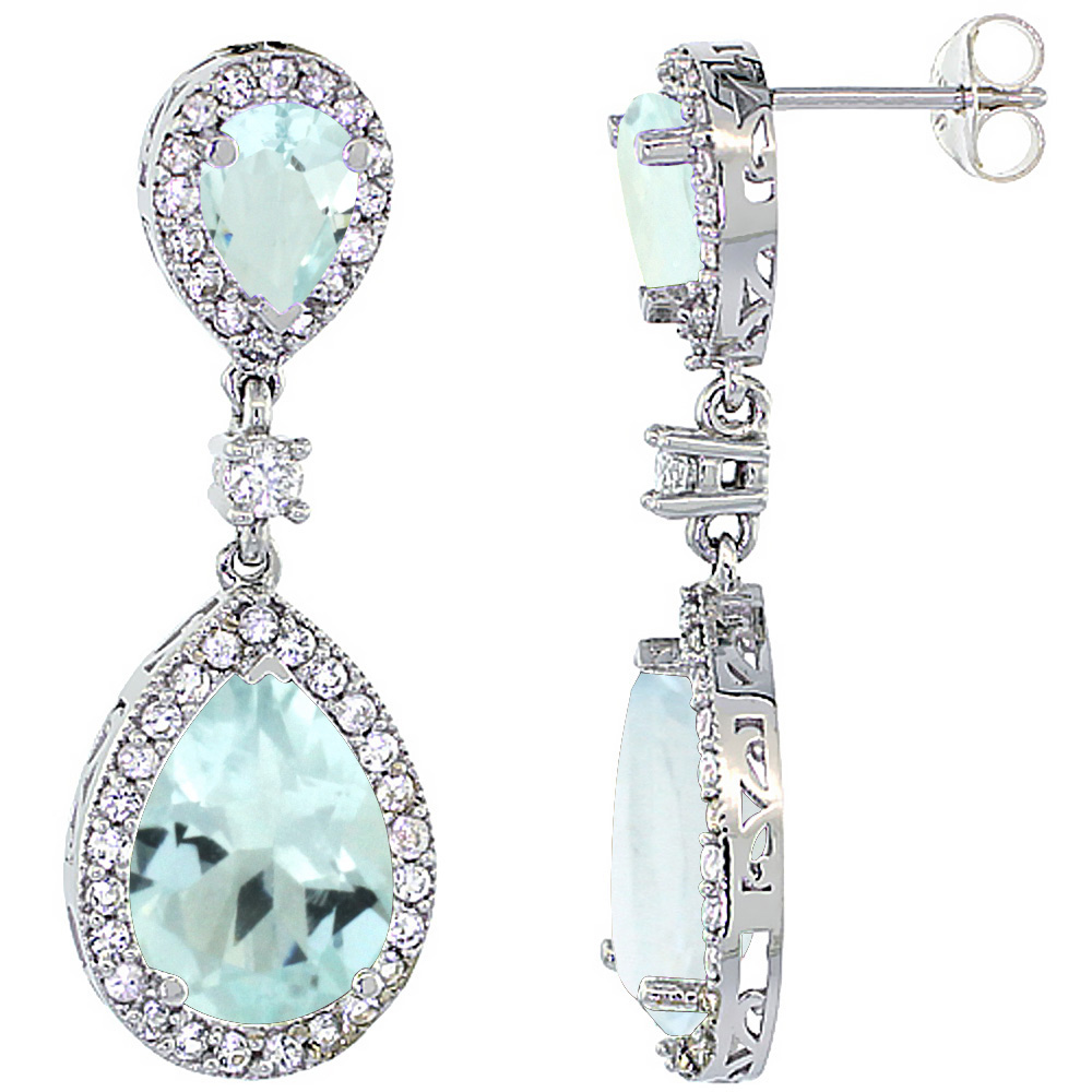 10K White Gold Natural Aquamarine Teardrop Earrings White Sapphire & Diamond