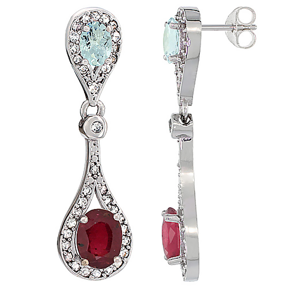 10K White Gold Enhanced Ruby & Aquamarine Oval Dangling Earrings White Sapphire & Diamond Accents, 1 3/8 inches long