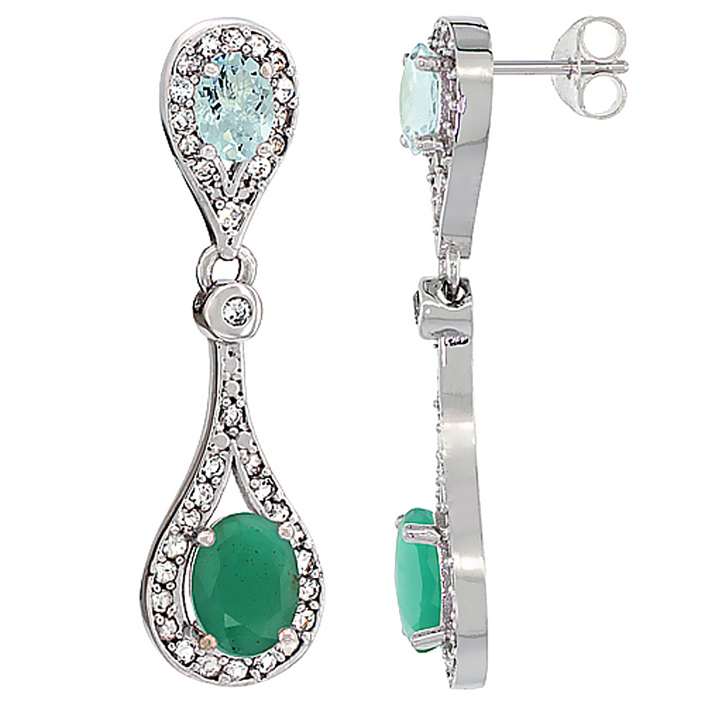 14K WHITE GOLD NATURAL EMERALD & AQUAMARINE OVAL DANGLING EARRINGS WHITE SAPPHIRE & DIAMOND ACCENTS, 1 3/8 INCHES LONG