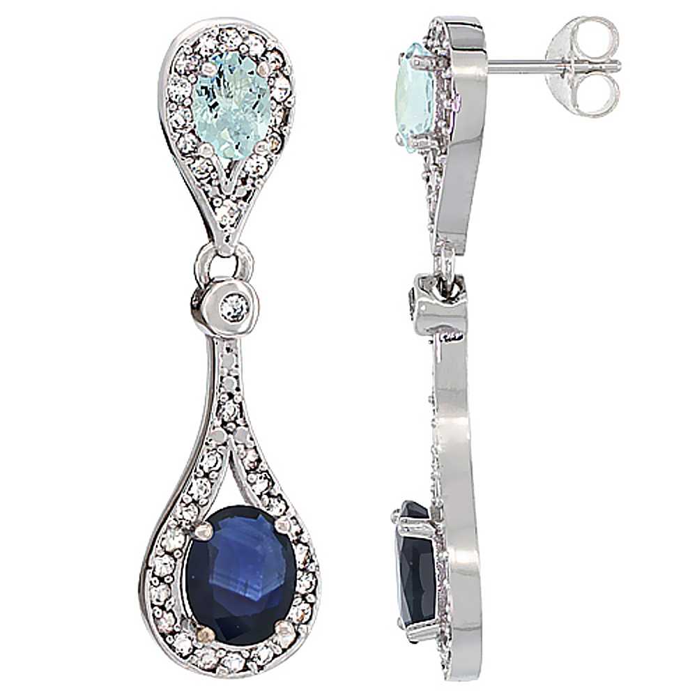 14K White Gold Natural Blue Sapphire &amp; Aquamarine Oval Dangling Earrings White Sapphire &amp; Diamond Accents, 1 3/8 inches long