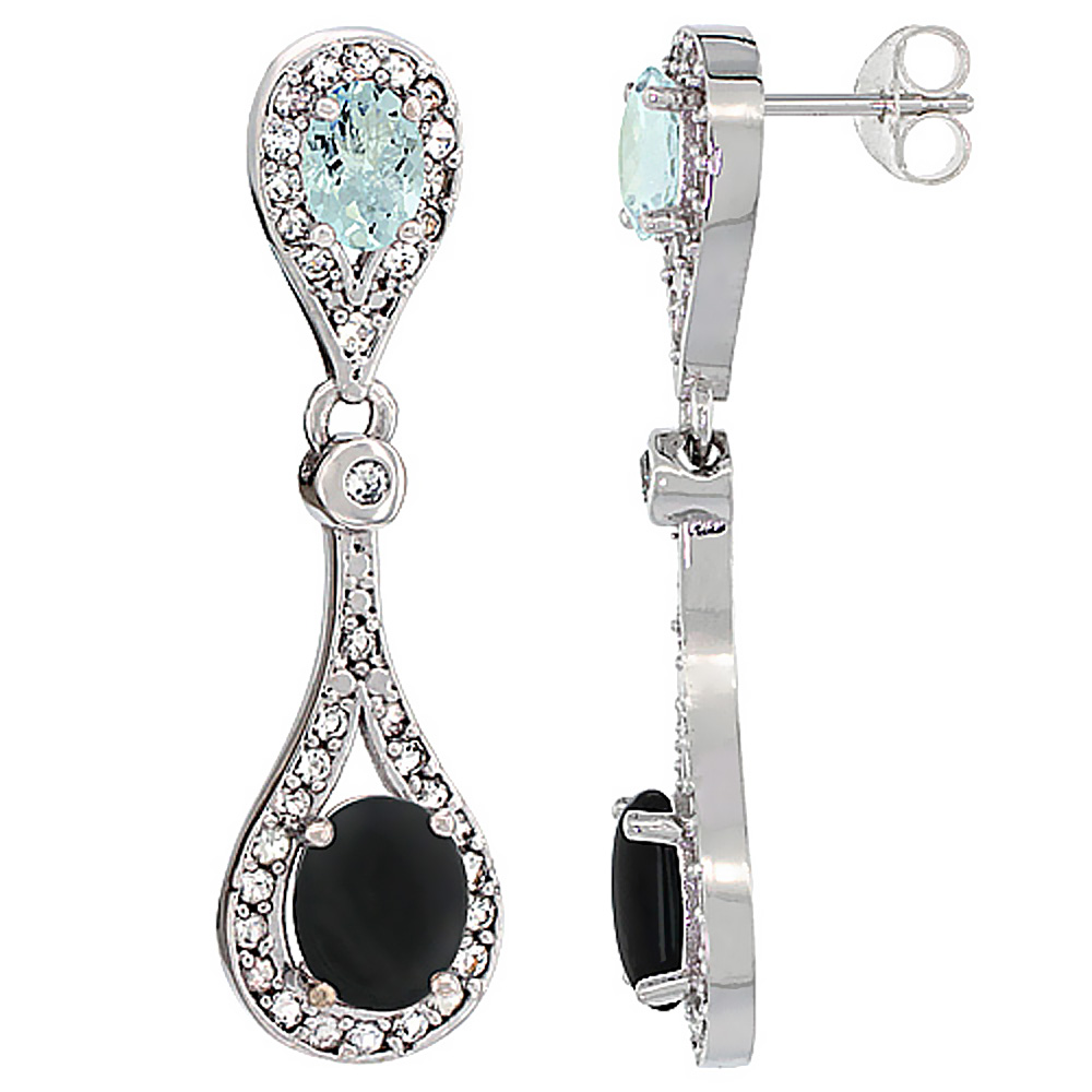 14K White Gold Natural Black Onyx &amp; Aquamarine Oval Dangling Earrings White Sapphire &amp; Diamond Accents, 1 3/8 inches long