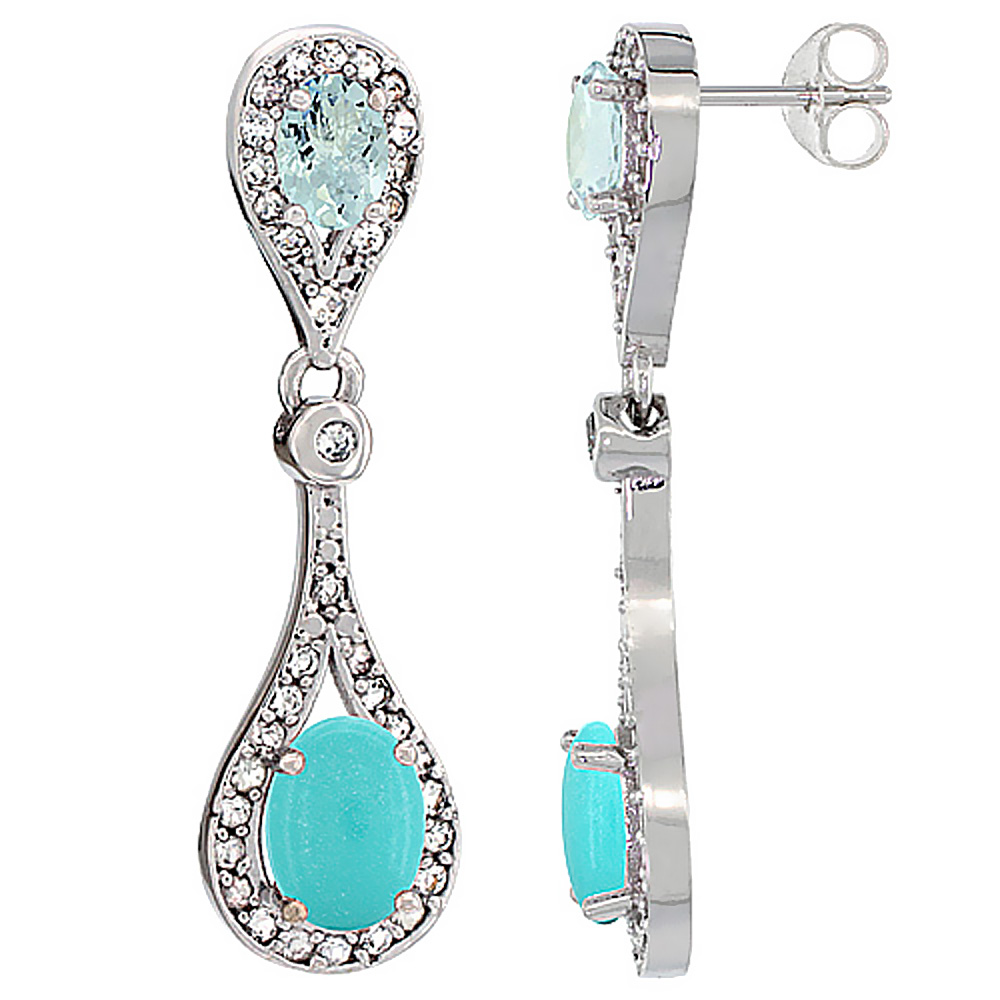 14K WHITE GOLD NATURAL TURQUOISE & AQUAMARINE OVAL DANGLING EARRINGS WHITE SAPPHIRE & DIAMOND ACCENTS, 1 3/8 INCHES LONG