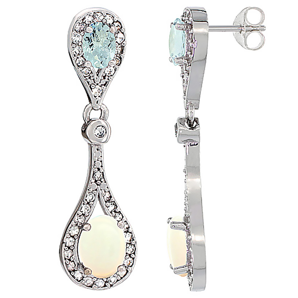 10K White Gold Natural Opal &amp; Aquamarine Oval Dangling Earrings White Sapphire &amp; Diamond Accents, 1 3/8 inches long