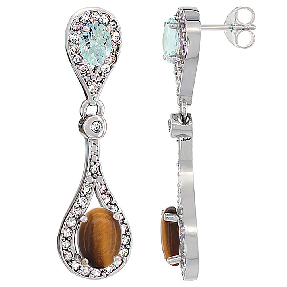 14K WHITE GOLD NATURAL TIGER EYE & AQUAMARINE OVAL DANGLING EARRINGS WHITE SAPPHIRE & DIAMOND ACCENTS, 1 3/8 INCHES LONG