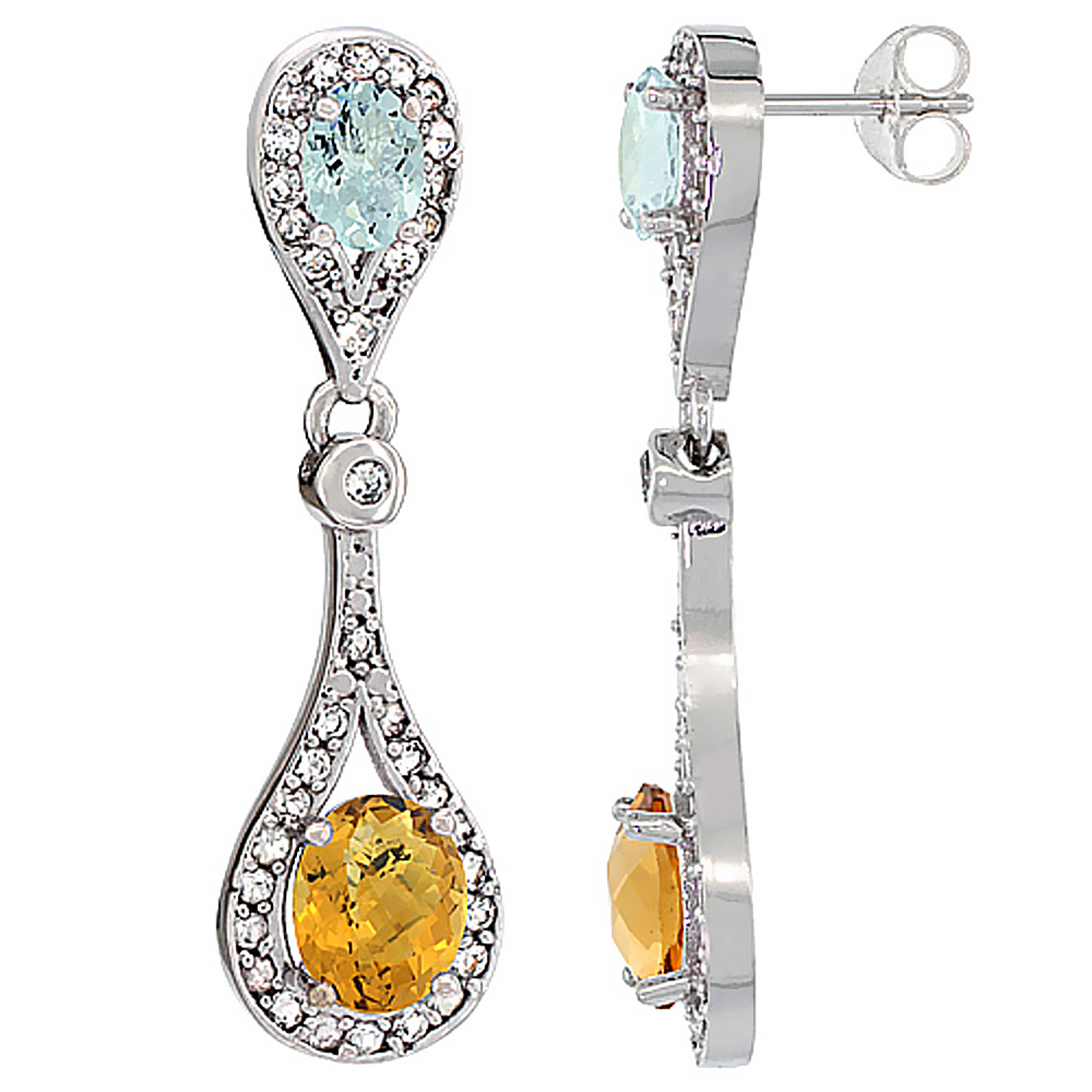14K WHITE GOLD NATURAL WHISKY QUARTZ & AQUAMARINE OVAL DANGLING EARRINGS WHITE SAPPHIRE & DIAMOND ACCENTS, 1 3/8 INCHES LONG