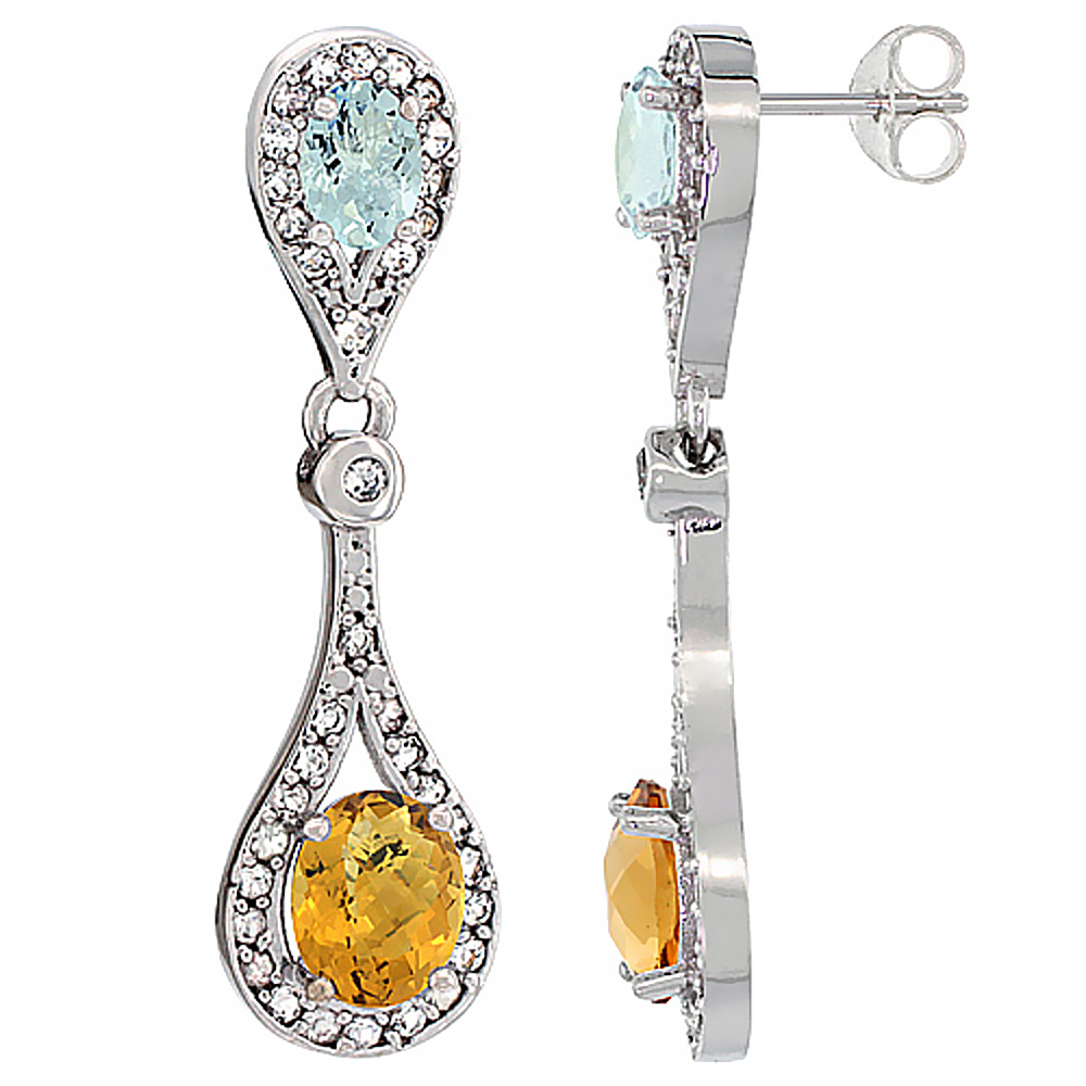 14K White Gold Natural Whisky Quartz &amp; Aquamarine Oval Dangling Earrings White Sapphire &amp; Diamond Accents, 1 3/8 inches long