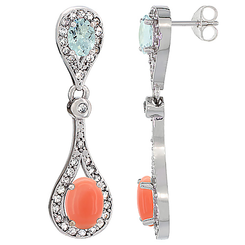 14K WHITE GOLD NATURAL CORAL & AQUAMARINE OVAL DANGLING EARRINGS WHITE SAPPHIRE & DIAMOND ACCENTS, 1 3/8 INCHES LONG