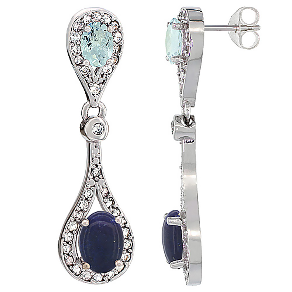14K White Gold Natural Lapis & Aquamarine Oval Dangling Earrings White Sapphire & Diamond Accents, 1 3/8 inches long