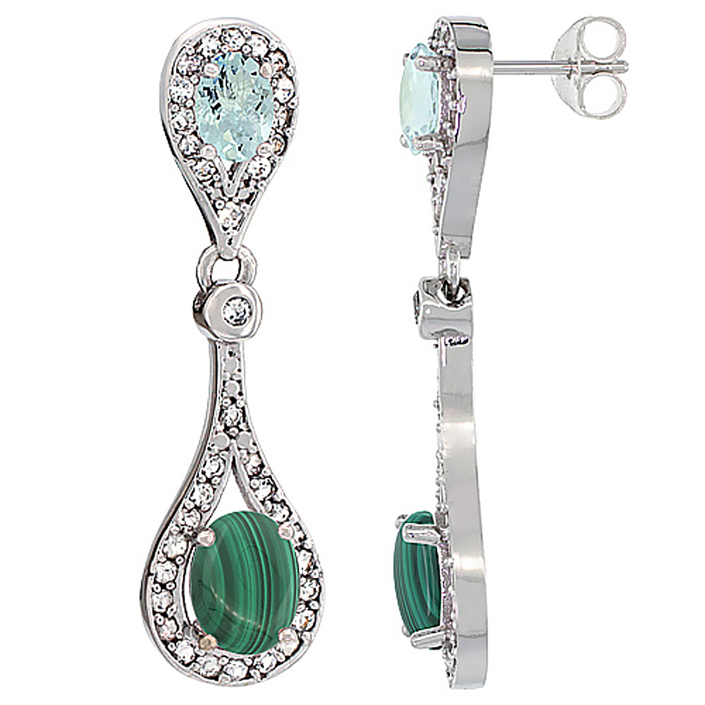 10K White Gold Natural Malachite & Aquamarine Oval Dangling Earrings White Sapphire & Diamond Accents, 1 3/8 inches long