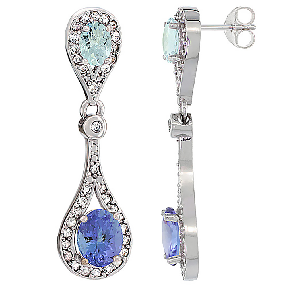 14K WHITE GOLD NATURAL TANZANITE & AQUAMARINE OVAL DANGLING EARRINGS WHITE SAPPHIRE & DIAMOND ACCENTS, 1 3/8 INCHES LONG