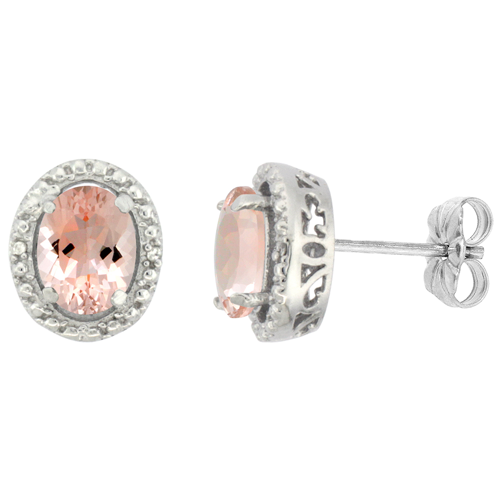 10K WHITE GOLD 0.01 CTTW DIAMOND NATURAL MORGANITE POST EARRINGS OVAL 7X5 MM
