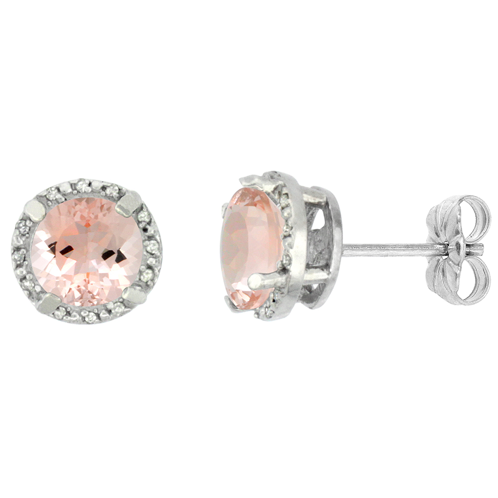 10K WHITE GOLD 0.06 CTTW DIAMOND NATURAL MORGANITE EARRINGS ROUND 7X7 MM