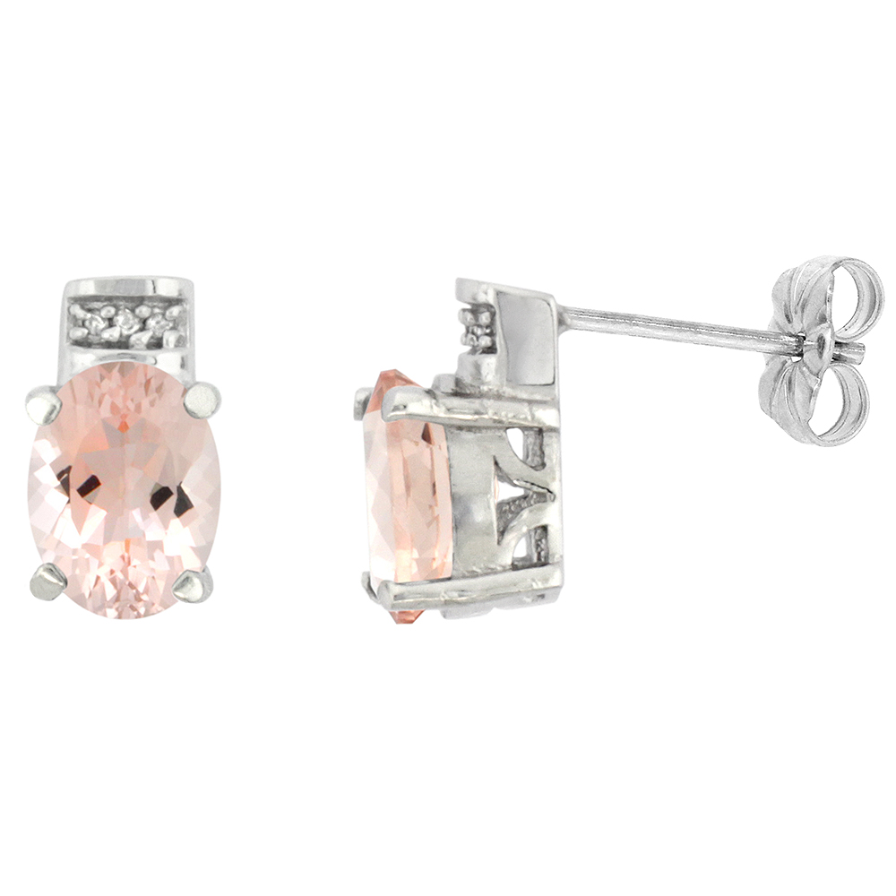 10K WHITE GOLD DIAMOND NATURAL MORGANITE EARRINGS OVAL 8X6 MM