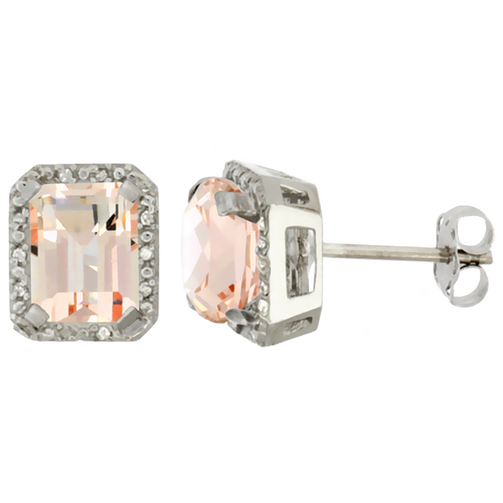 10K WHITE GOLD DIAMOND NATURAL MORGANITE EARRINGS OCTAGON 8X6 MM