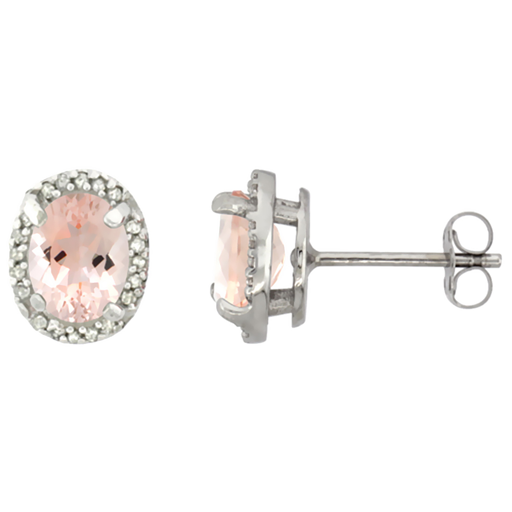 10K WHITE GOLD DIAMOND NATURAL MORGANITE EARRINGS OVAL 7X5 MM