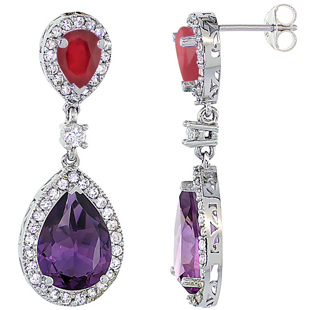 10K WHITE GOLD NATURAL AMETHYST & ENHANCED RUBY TEARDROP EARRINGS WHITE SAPPHIRE & DIAMOND