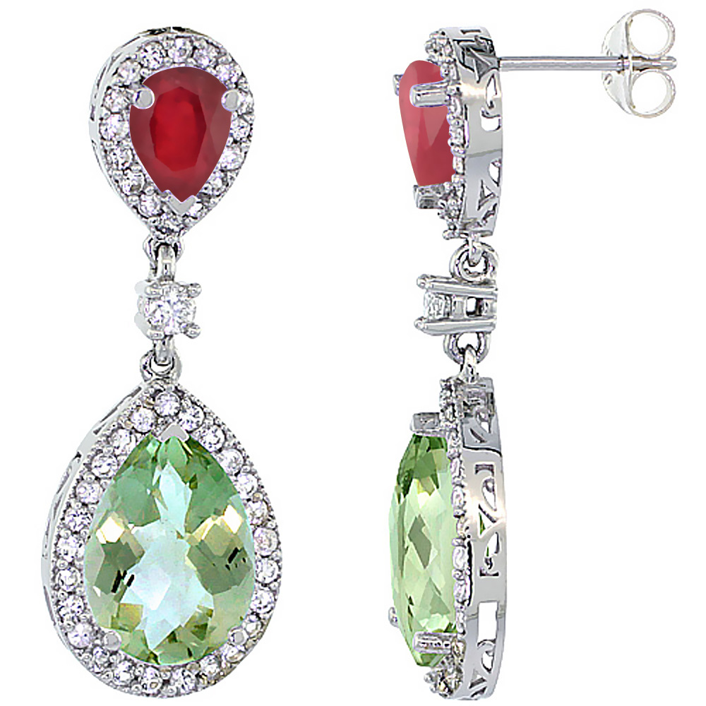 14K WHITE GOLD NATURAL AMETHYST & ENHANCED RUBY TEARDROP EARRINGS WHITE SAPPHIRE & DIAMOND