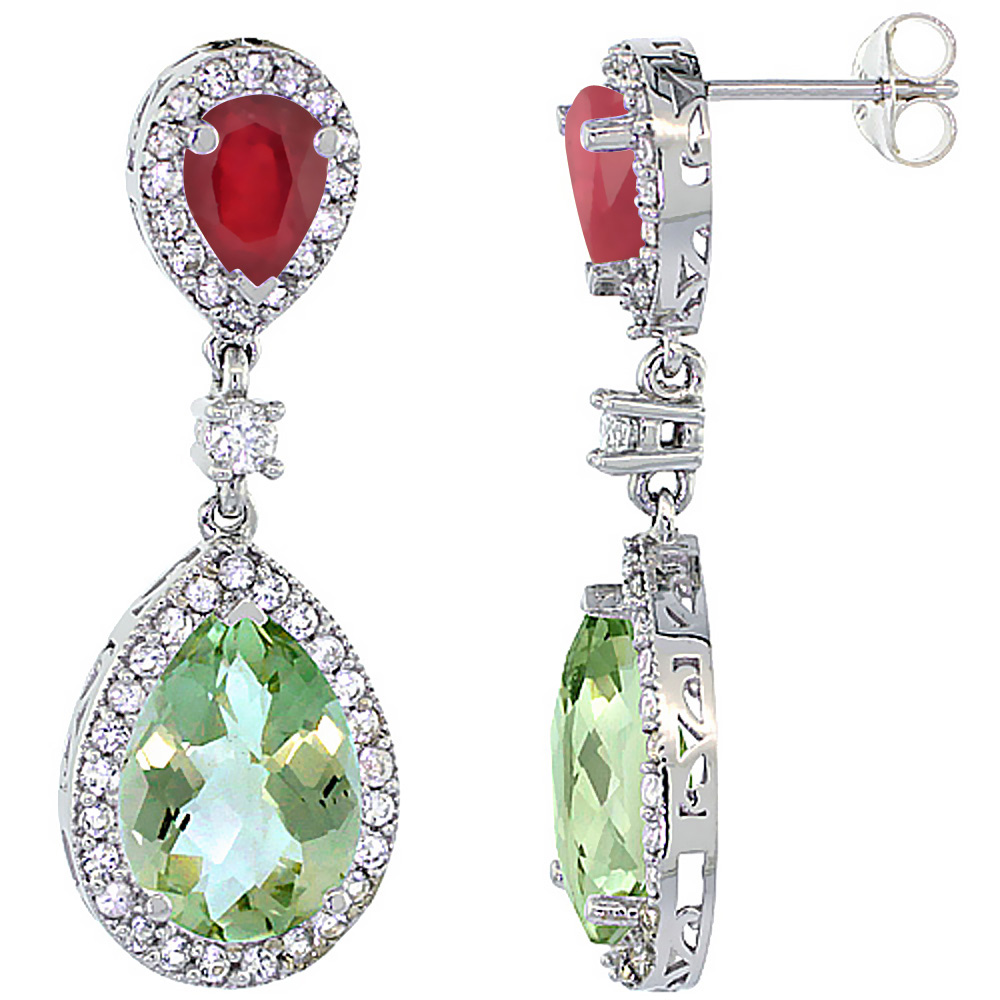14K White Gold Natural Green Amethyst & Enhanced Ruby Teardrop Earrings White Sapphire & Diamond