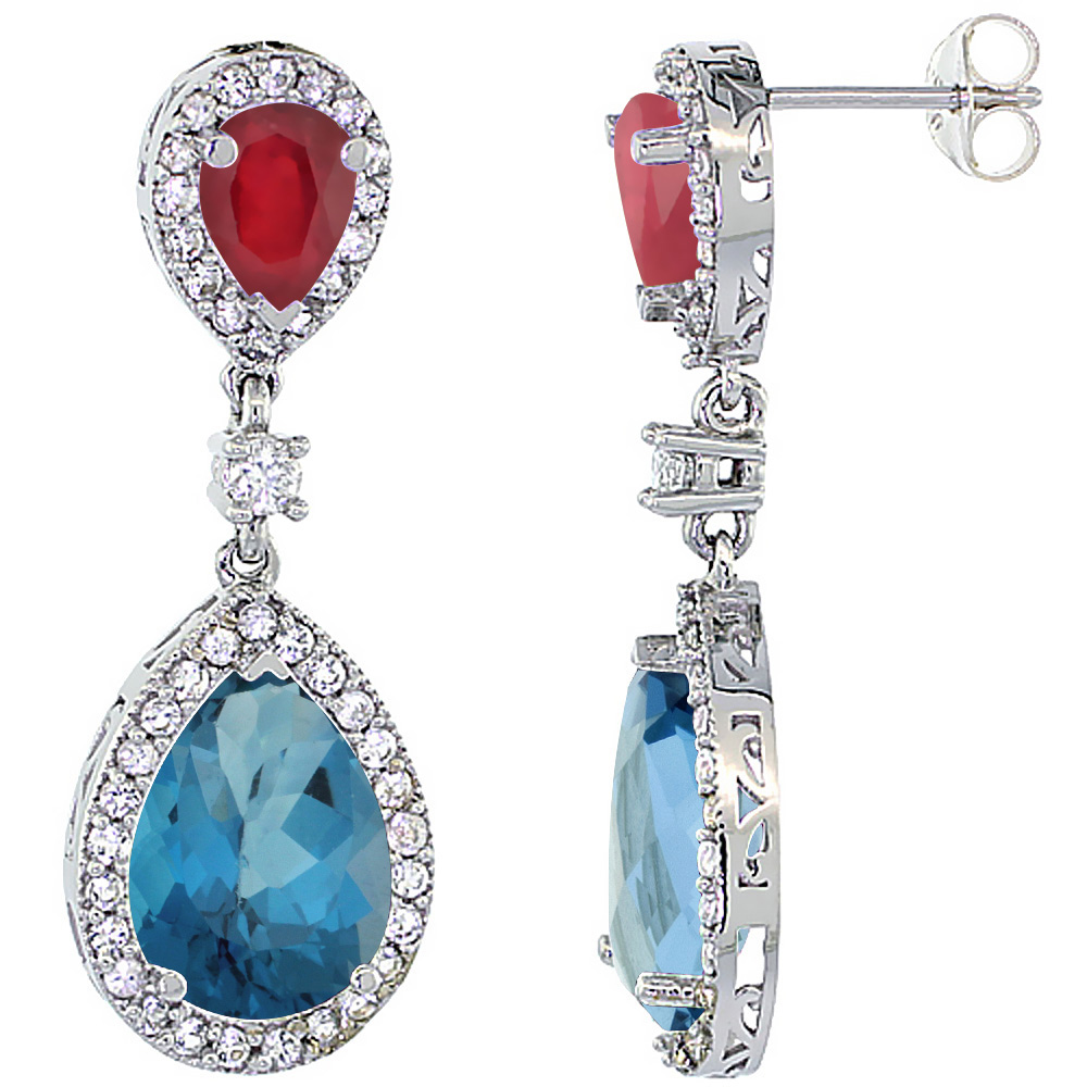 14K WHITE GOLD NATURAL LONDON BLUE TOPAZ & ENHANCED RUBY TEARDROP EARRINGS WHITE SAPPHIRE & DIAMOND