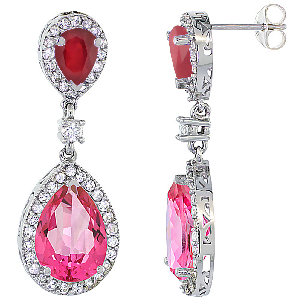 14K WHITE GOLD NATURAL PINK TOPAZ & ENHANCED RUBY TEARDROP EARRINGS WHITE SAPPHIRE & DIAMOND