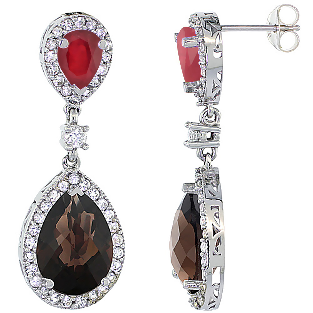 14K WHITE GOLD NATURAL SMOKY TOPAZ & ENHANCED RUBY TEARDROP EARRINGS WHITE SAPPHIRE & DIAMOND