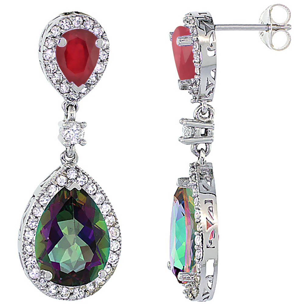 14K WHITE GOLD NATURAL MYSTIC TOPAZ & ENHANCED RUBY TEARDROP EARRINGS WHITE SAPPHIRE & DIAMOND